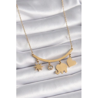 316L Çelik Gold Renk Fil Figür Zirkon Taş Detay Kadın Kolye