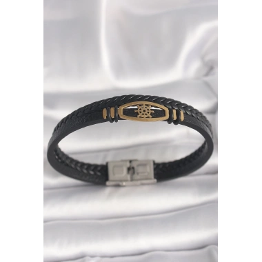 316L Çelik Gold Renk Gemi Dümen Figür Siyah Renk Çift Sıra Burgu Desenli Deri Kordon Erkek Bileklik