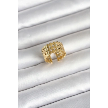 316L Çelik Gold Renk Hasır Model Kadın Yüzük