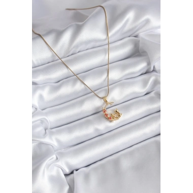 316L Çelik Gold Renk Hilal Kedi Model Zirkon Taşlı Detay Kadın Kolye