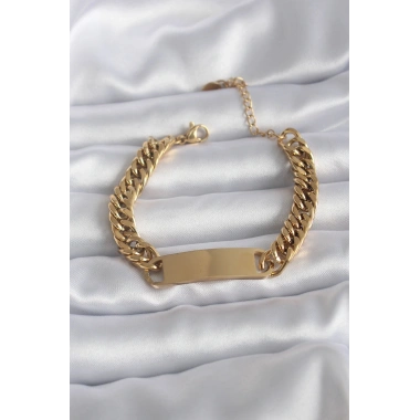 316L Çelik Gold Renk İsim Yazılabilir Plaka Model Kadın Bileklik