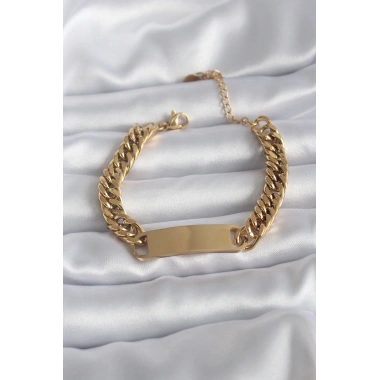 316L Çelik Gold Renk İsim Yazılabilir Plaka Model Kadın Bileklik