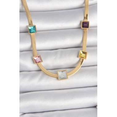 316L Çelik Gold Renk İtalyan Zincir Model Kare Renkli Zirkon Taşlı Kadın Kolye