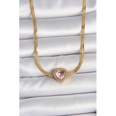 316L Çelik Gold Renk İtalyan Zincir Pembe Zirkon Taşlı Kalp Model Kadın Kolye