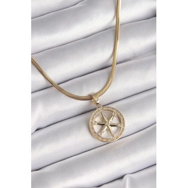 316L Çelik Gold Renk İtalyan Zincir Zirkon Taşlı Kutup Yıldız Model Kadın Kolye