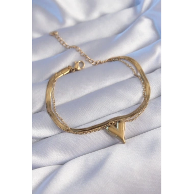 316L Çelik Gold Renk İtalyan Zincirli Kalp Model Bileklik