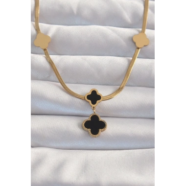 316L Çelik Gold Renk İtalyan Zincirli Mineli Yonca Kolye