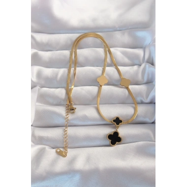 316L Çelik Gold Renk İtalyan Zincirli Mineli Yonca Kolye