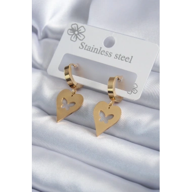 316L Çelik Gold Renk Kalp Model Kelebek İşleme Kadın Küpe