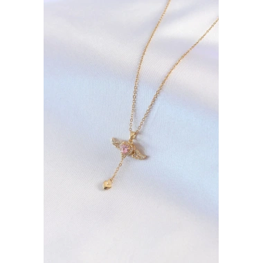 316L Çelik Gold Renk Kanatlı Kalp Model Zirkon Taş Detay Kadın Kolye