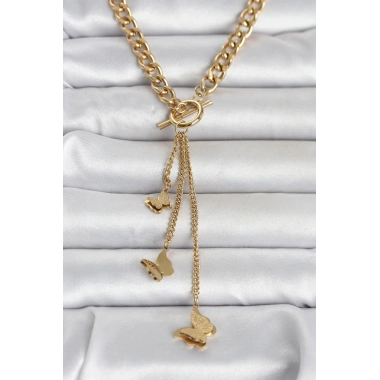 316L Çelik Gold Renk Kelebek Sallantılı Kadın Kolye