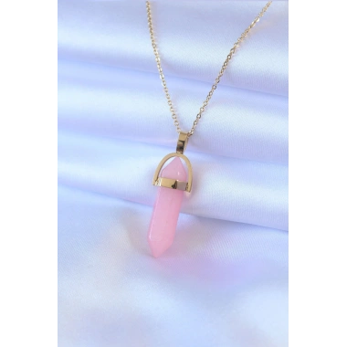 316L Çelik Gold Renk Kristal Pembe Taş Model Kadın kolye