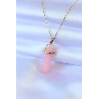 316L Çelik Gold Renk Kristal Pembe Taş Model Kadın kolye