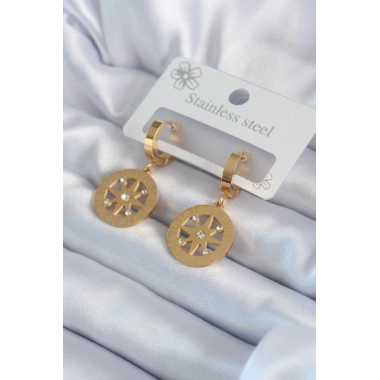 316L Çelik Gold Renk Kutup Yıldızı Model İşleme Detay Zirkon Taşlı Kadın Küpe