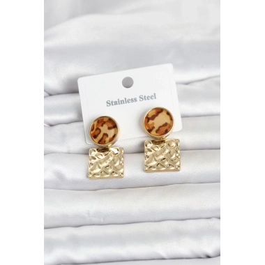 316L Çelik Gold Renk Leopar Desenli Plaka Model Kadın Küpe
