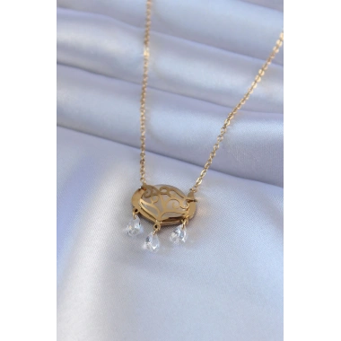 316L Çelik Gold Renk Lotus Model Zirkon Taşlı Kadın Kolye