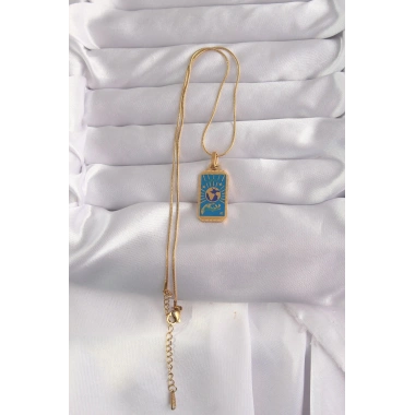 316L Çelik Gold Renk Mavi Mineli El Figür Tarot Kolye