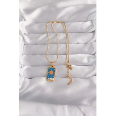 316L Çelik Gold Renk Mavi Mineli Güneş Model Tarot Kolye