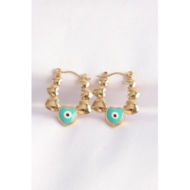 316L Çelik Gold Renk Mavi Nazarlı Kalpli Model Küpe