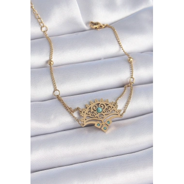 316L Çelik Gold Renk Mavi Taşlı Etnik Desen Kadın Bileklik