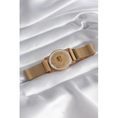 316L Çelik Gold Renk Mıknatıslı Hasır Zirkon Taşlı Çeyrek Altın Model Kadın Bileklik