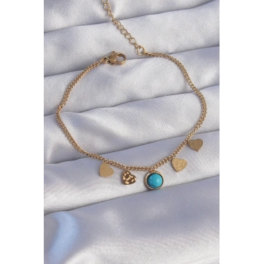 316L Çelik Gold Renk Minimal Kalpli Mavi Taş Detaylı Bileklik