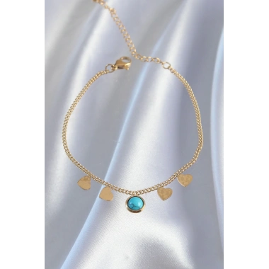 316L Çelik Gold Renk Minimal Kalpli Mavi Taş Detaylı Bileklik