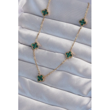 316L Çelik Gold Renk Minimal Yeşil Mineli Yonca Kolye