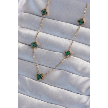 316L Çelik Gold Renk Minimal Yeşil Mineli Yonca Kolye