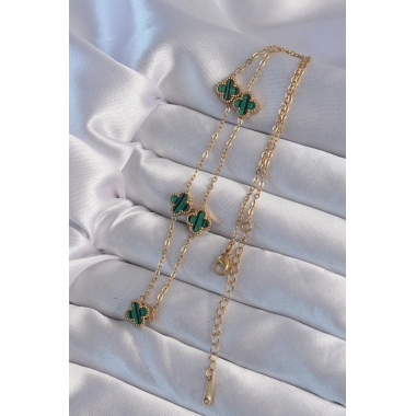 316L Çelik Gold Renk Minimal Yeşil Mineli Yonca Kolye