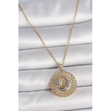 316L Çelik Gold Renk Mix Renk Ay Güneş Model Kadın Kolye