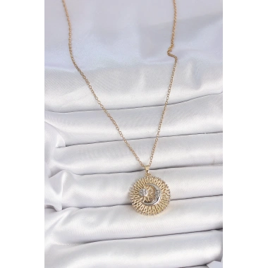 316L Çelik Gold Renk Mix Renk Ay Güneş Model Kadın Kolye