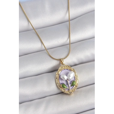 316L Çelik Gold Renk Mor İncili Çiçek İşlemeli Portre Model Kadın Kolye