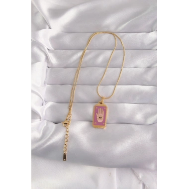 316L Çelik Gold Renk Mor Mineli El Figür Tarot Kolye