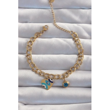 316L Çelik Gold Renk Nazarlı Kalp Model Zincir Bileklik