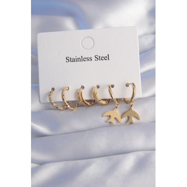 316L Çelik Gold Renk Oval Tasarım Kuş Model Küpe Seti