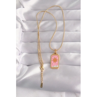 316L Çelik Gold Renk Pembe Mineli Güneş Model Tarot Kolye