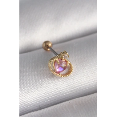 316L Çelik Gold Renk Pembe Mineli Kalp Zirkon Taş Detay Tragus Piercing