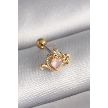 316L Çelik Gold Renk Pembe Mineli Kalp Zirkon Taş Detay Tragus Piercing