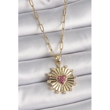 316L Çelik Gold Renk Pembe Zirkon Taşlı Kalp İşleme Madalyon Model Kadın Kolye