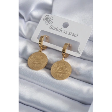316L Çelik Gold Renk Pentagram İşleme Model Kadın Küpe