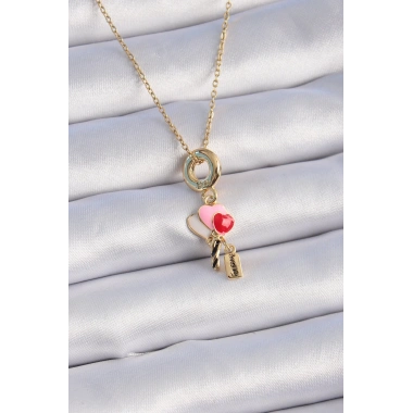 316L Çelik Gold Renk Renkli Kalp Figür Charm Model Kadın Kolye