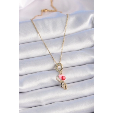 316L Çelik Gold Renk Renkli Kalp Figür Charm Model Kadın Kolye