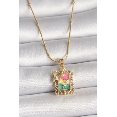 316L Çelik Gold Renk Renkli Zirkon Taşlı Kelebek İşlemeli Portre Model Kadın Kolye