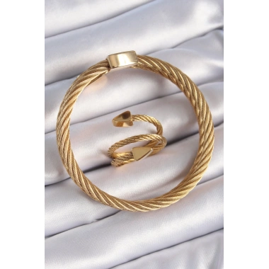 316L Çelik Gold Renk Sarmal Model Erkek Bileklik Yüzük Kombini