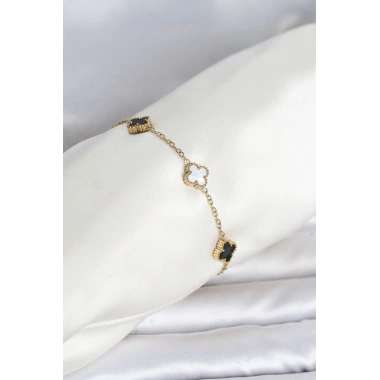 316L Çelik Gold Renk Siyah Beyaz Baby Yonca Model Kadın Bileklik