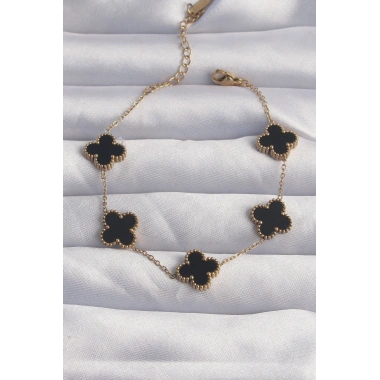 316L Çelik Gold Renk Siyah Mineli Yonca Bileklik