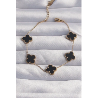 316L Çelik Gold Renk Siyah Mineli Yonca Bileklik