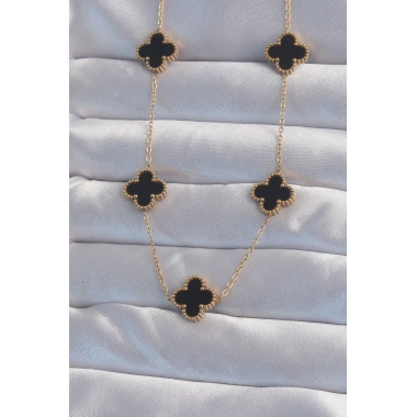 316L Çelik Gold Renk Siyah Mineli Yonca Kolye