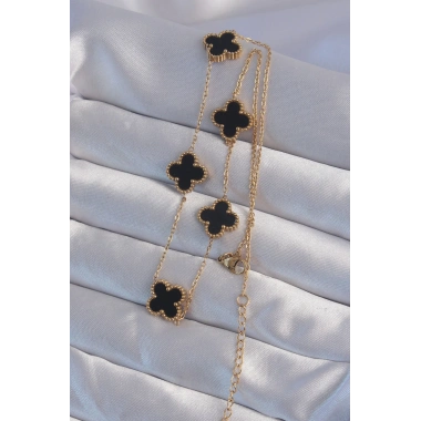 316L Çelik Gold Renk Siyah Mineli Yonca Kolye